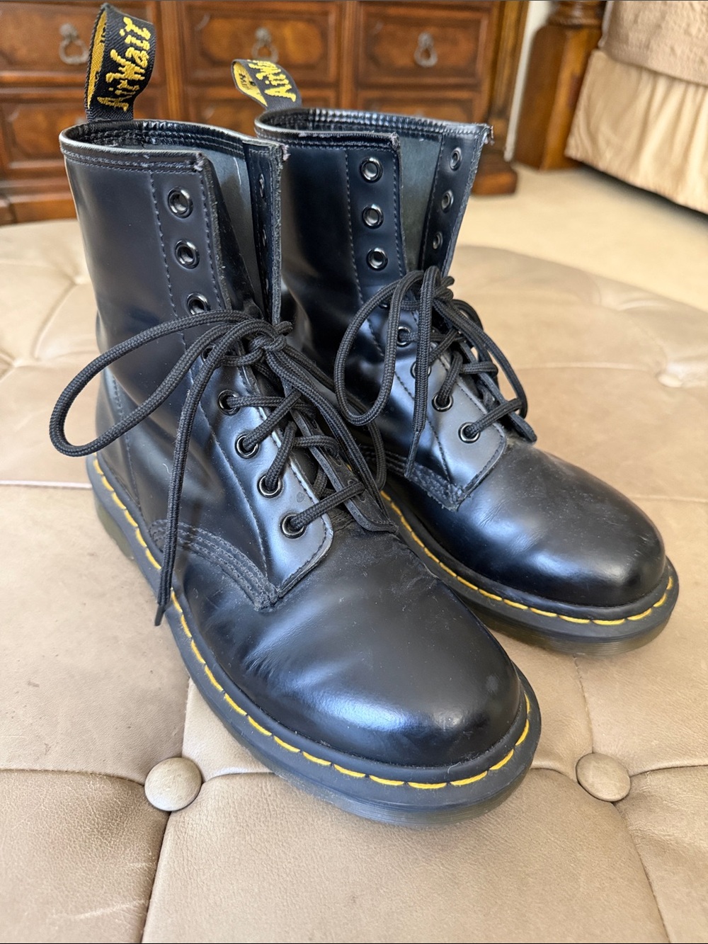 Dr. Martens Black Leather Lace-Up Boots with Yellow Stitching 7